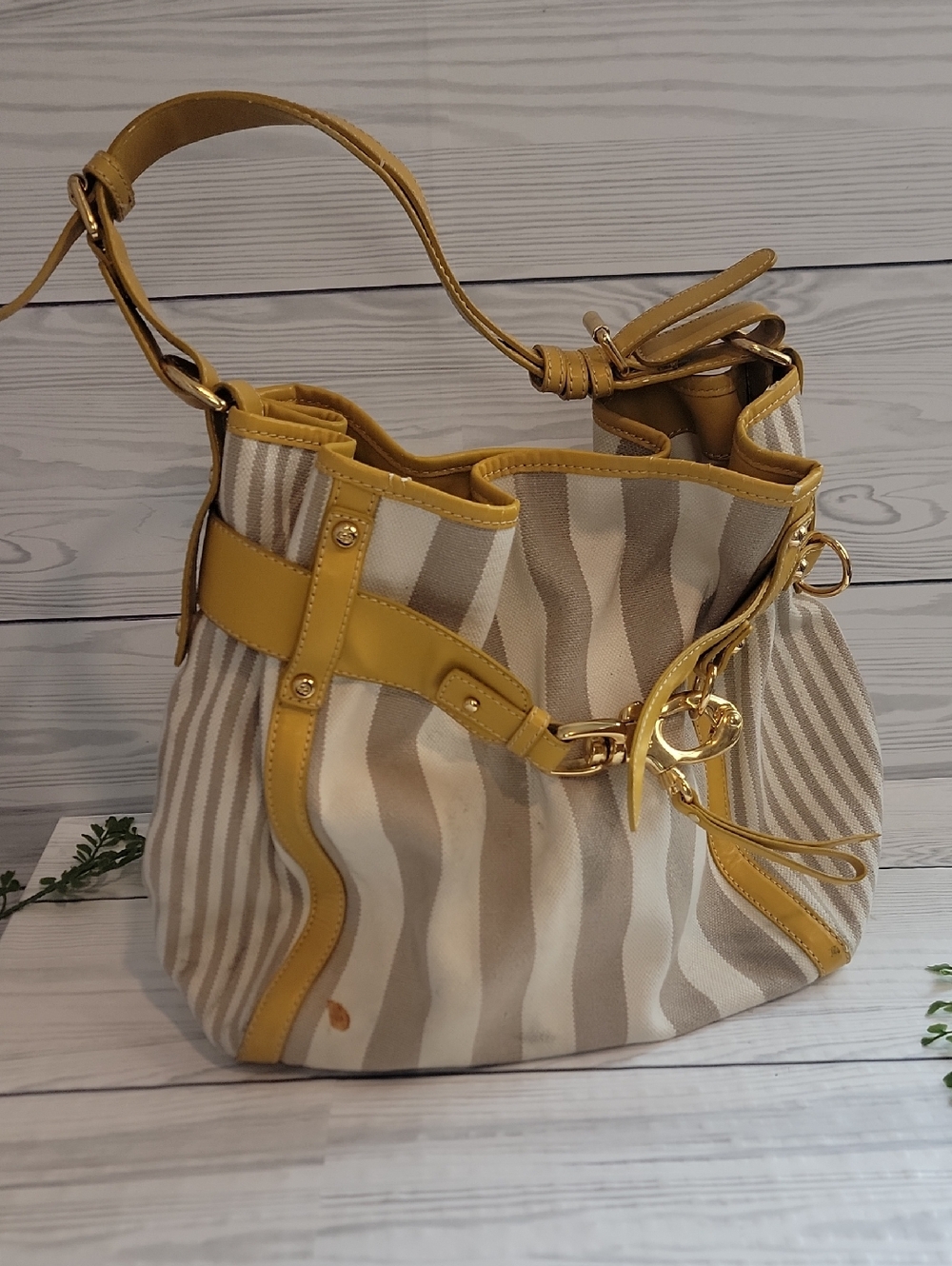 Francesco Biasia Yellow Trim Canvas Stripe Hobo Shoulder Bag